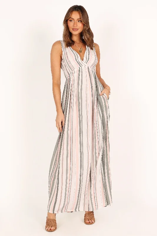 Judd V Neck Maxi Dress - Olive Stripe