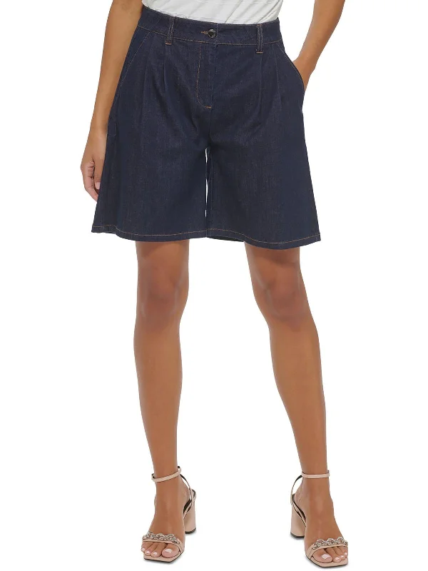 Womens Denim Pleated Bermuda Shorts