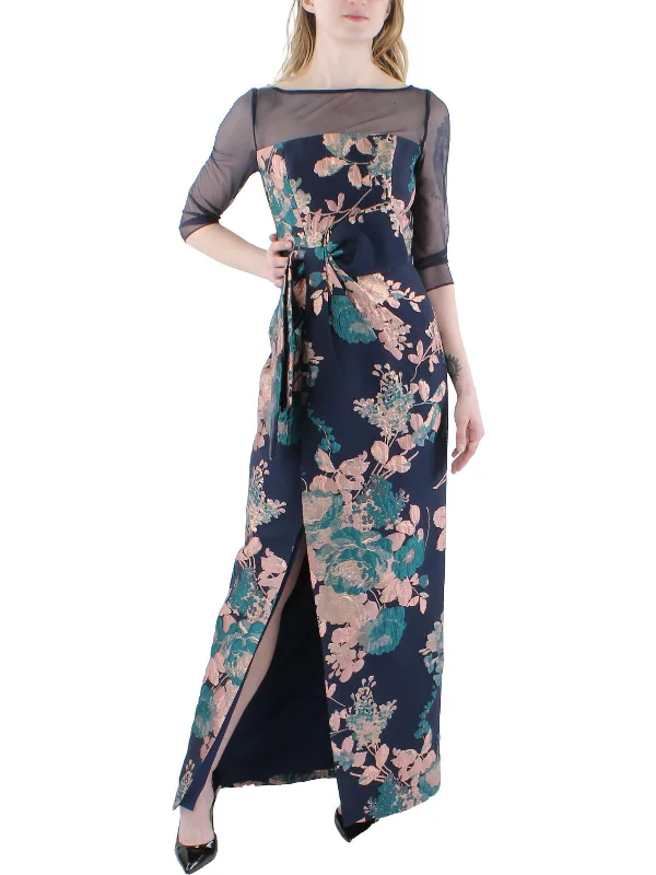 Womens Floral Metallic Evening Dress