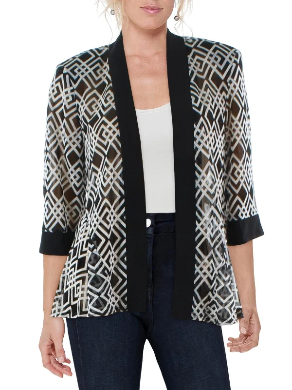 Petites Womens Mesh Printed Duster Blazer