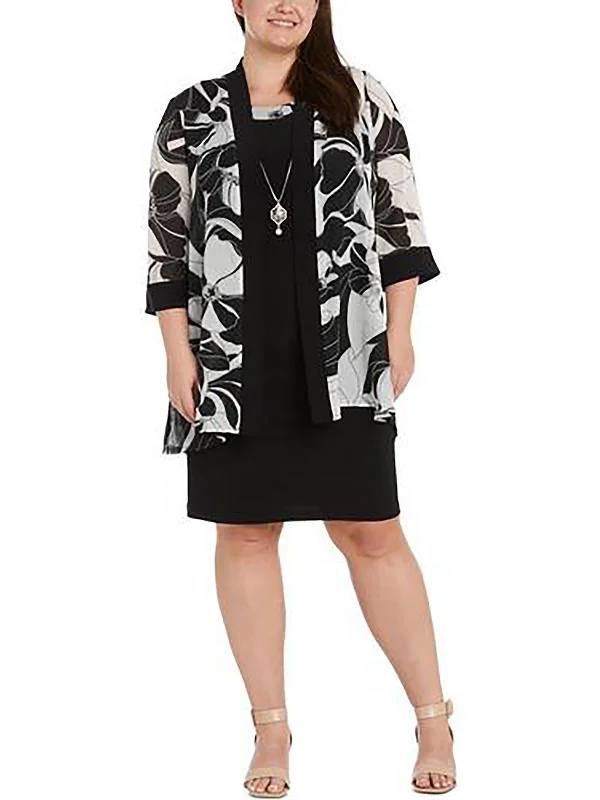 Plus Womens Shimmer Floral Print Open-Front Blazer