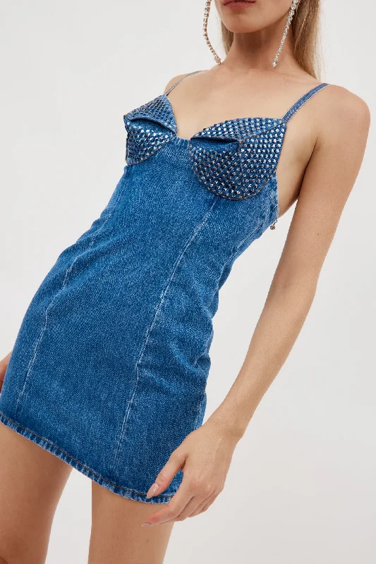 Crystal Embellished Cup Medium Indigo Mini Dress