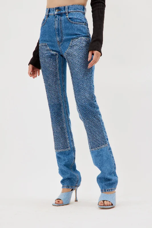 Crystal Embellished Straight Leg Medium Indigo Jean